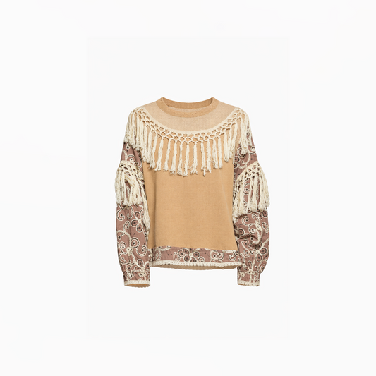 Fringe-Detail Crochet Patchwork Knit Top