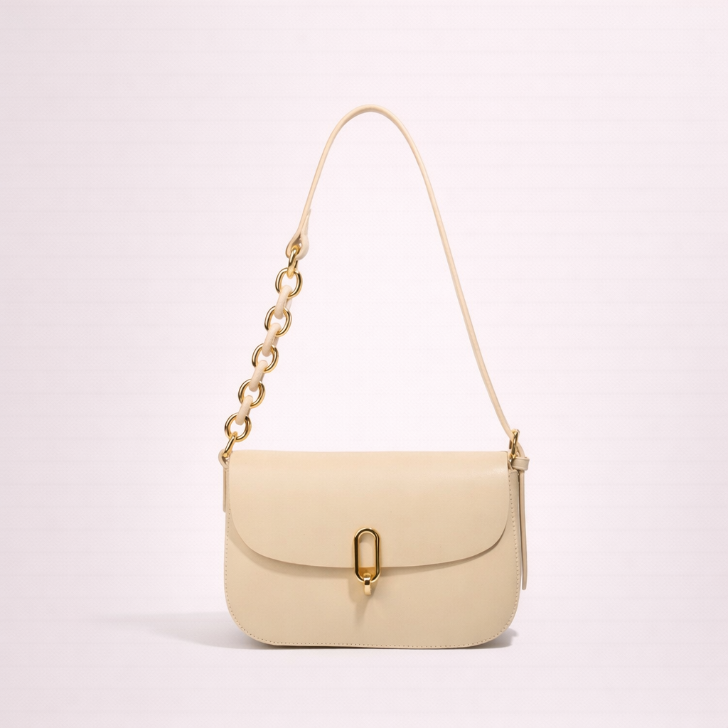 Minimal Flap Shoulder Bag — First-Layer Cowhide with Chain Accent