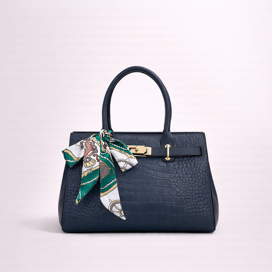 Croc-Embossed Structured Cowhide Handbag with Silk Scarf Detail