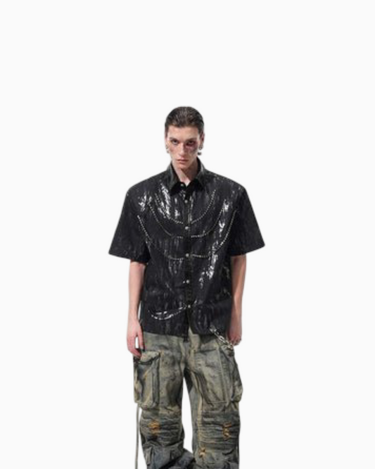 Niche Metal Coated Padded Shoulder Short Sleeve Shirt For Men