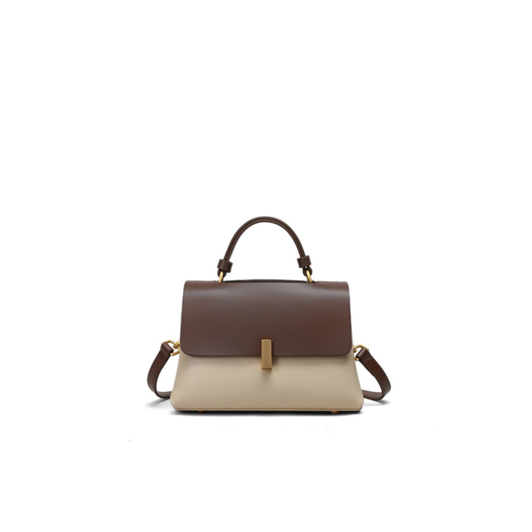 Structured Two-Tone Top-Handle Bag — First-Layer Cowhide Leather