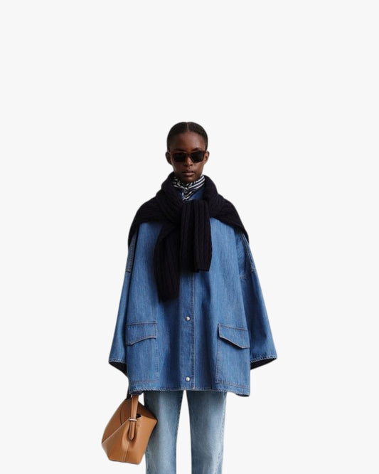 Cotton A- Line Style Drop-shoulder Mid-length Denim Coat