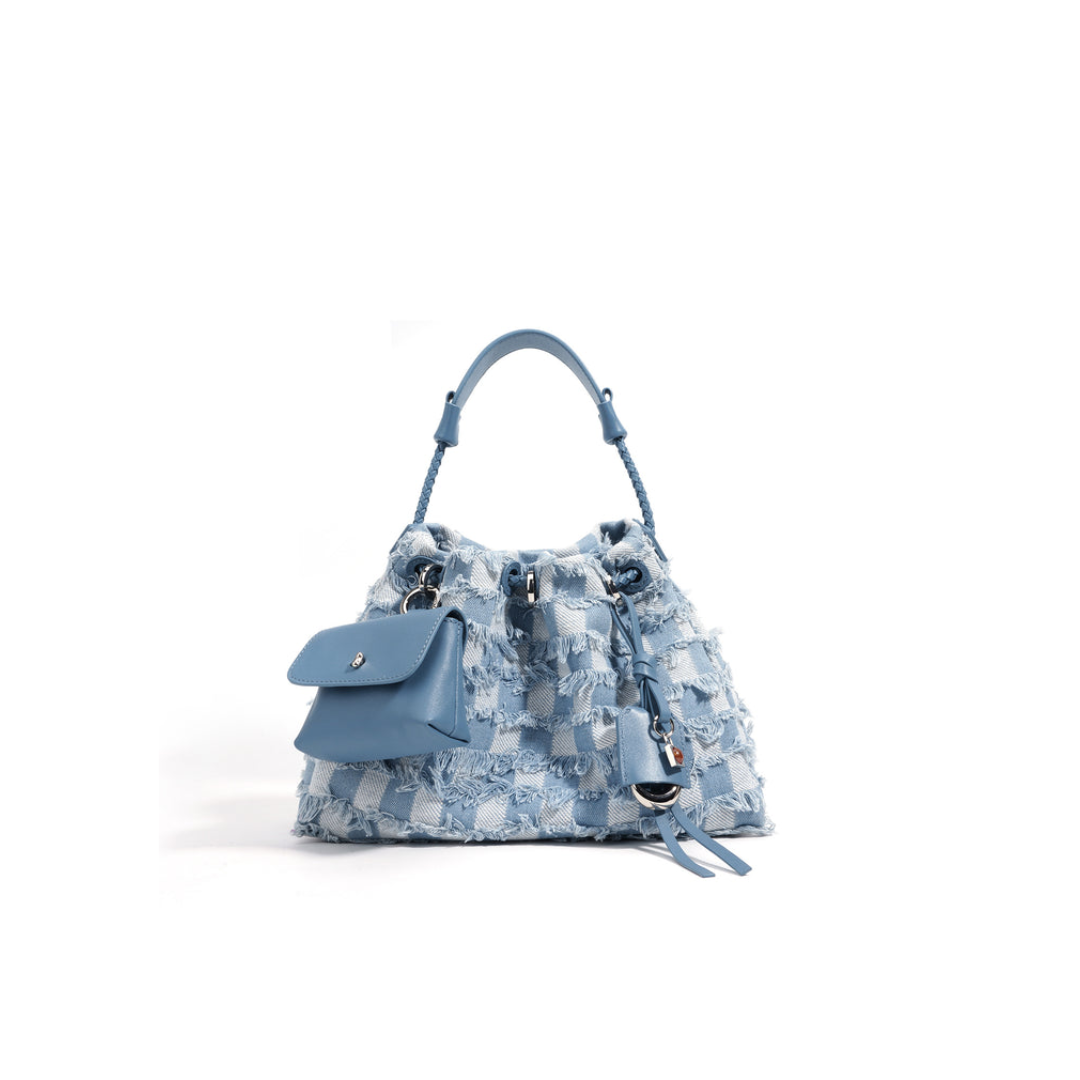 Denim & Cowhide Structured Drawstring Bag