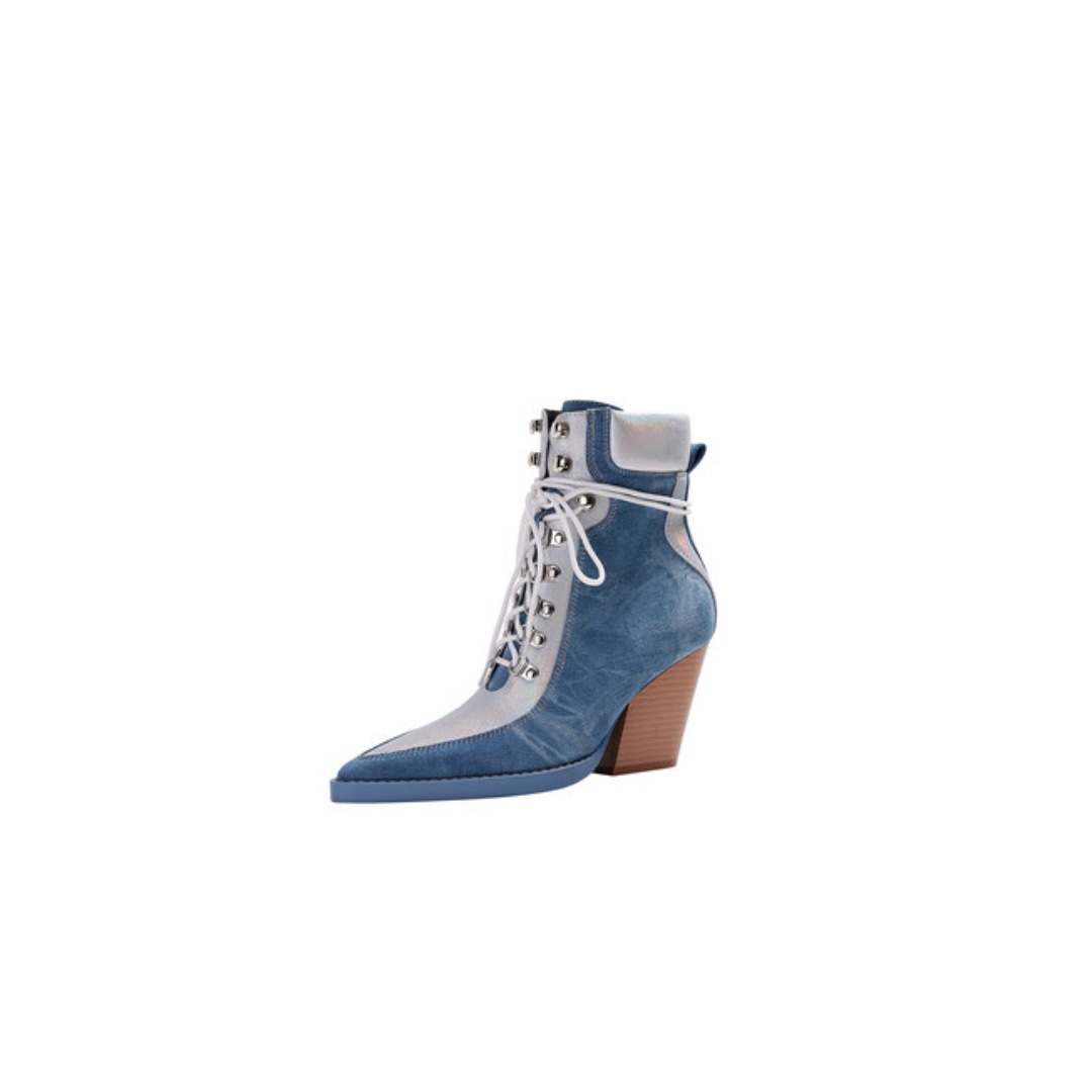 Denim Lace-Up Heeled Ankle Boots