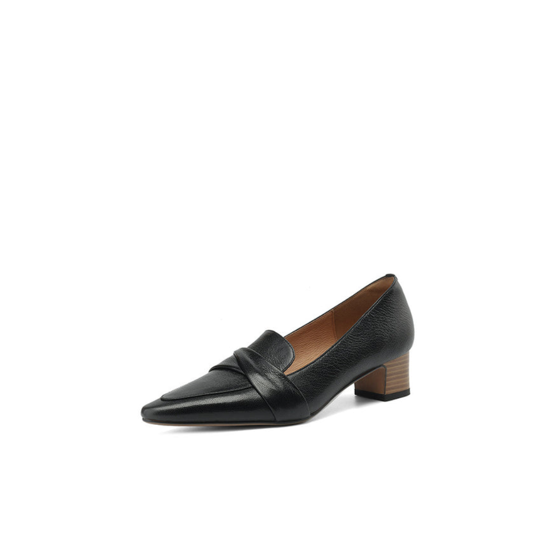 Black Leather Loafer with Low Stacked Heel