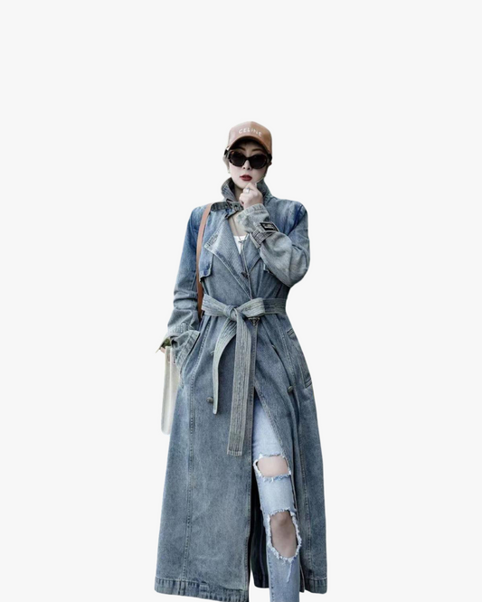 Personality Retro Long Denim Trench Coat