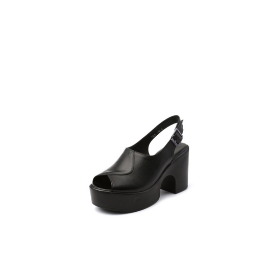First-Layer Cowhide Platform Heel with Structured Block Base