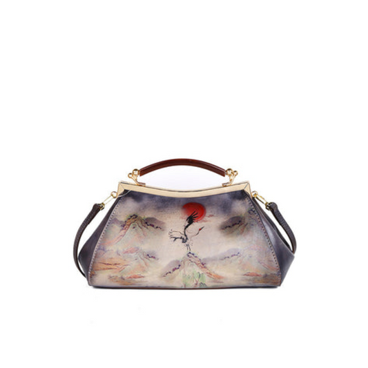 Hand-Painted Landscape Cowhide Top-Handle Bag