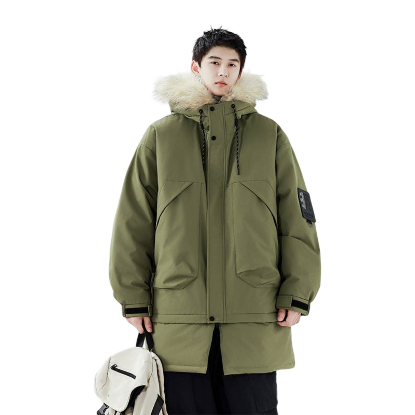 90 White Duck Down Hong Kong Style Mid-length Hem Fur Collar Detachable Warm Cold-resistant