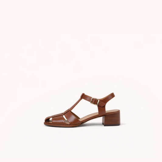 Closed-Toe T-Strap Block Heel – First-Layer Cowhide with Pigskin Insole