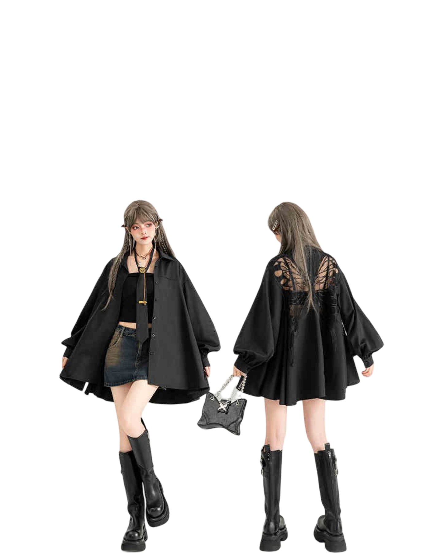 Butterfly Embroidered Black Long Sleeve Shirt