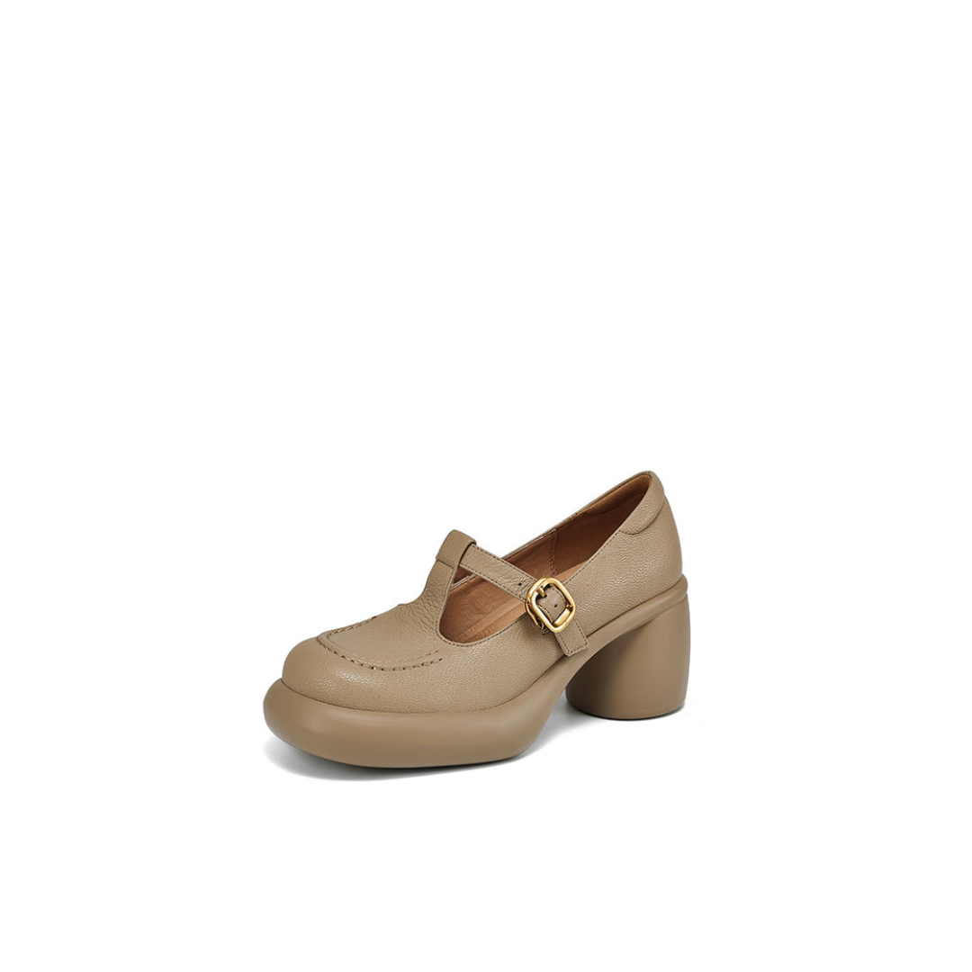 Beige Leather Mary Jane with Rounded Toe and Block Heel