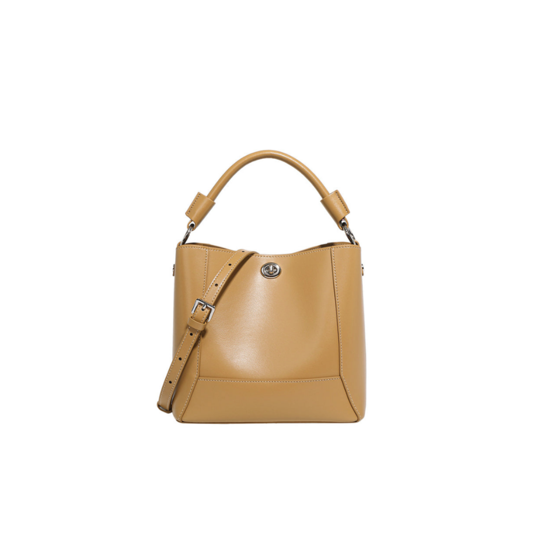 Structured Cowhide Bucket Bag with Turn-Lock Closure