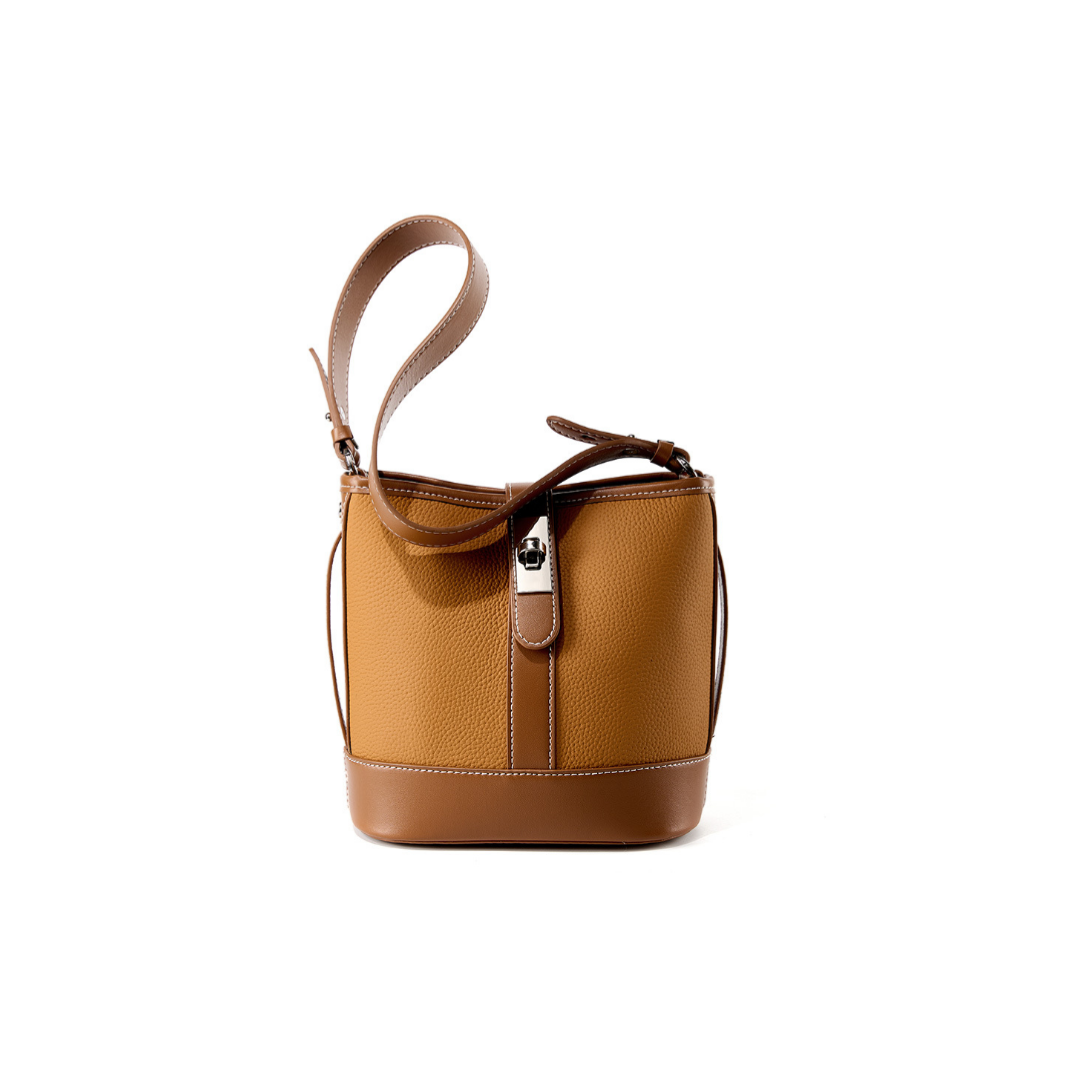 Two-Tone Structured Bucket Bag in First-Layer Cowhide