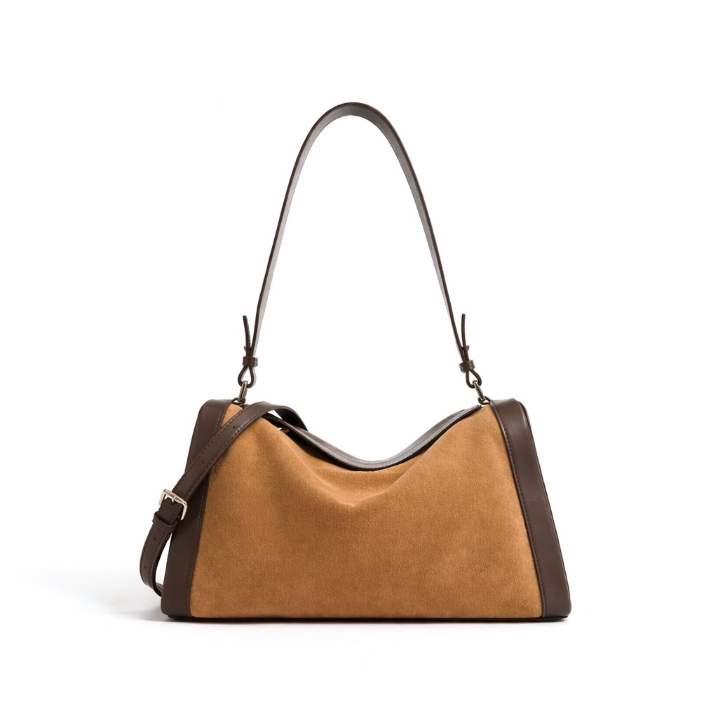 Structured Cowhide Shoulder Bag with Suede Panel