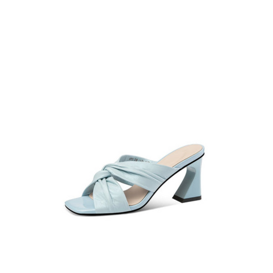 Cross Pleated Sheepskin Square Toe Block Heel Sandals