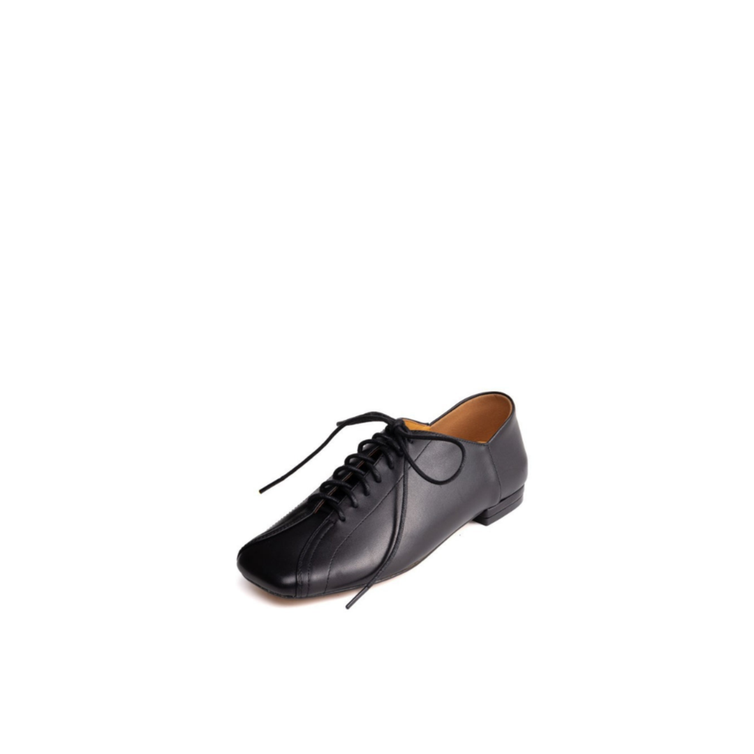 Black Leather Lace-Up Shoe with Low Structured Heel