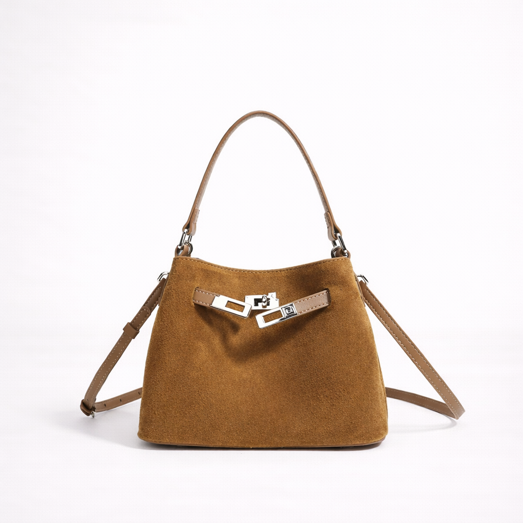 Structured Suede Bucket Bag in First-Layer Cowhide Leather
