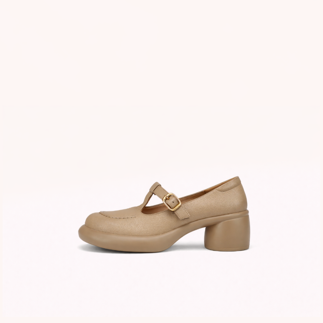 Beige Leather Mary Jane with Rounded Toe and Block Heel