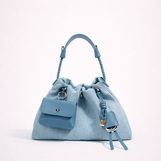 Denim & Cowhide Drawstring Form Bag