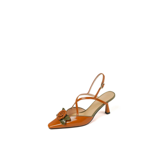 Pointed Slingback Heel with Leather Rose – First-Layer Cowhide