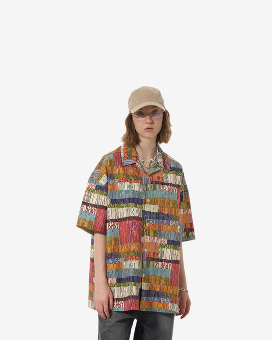 Casual Loose Letter Print Color Block Short Sleeve Shirt