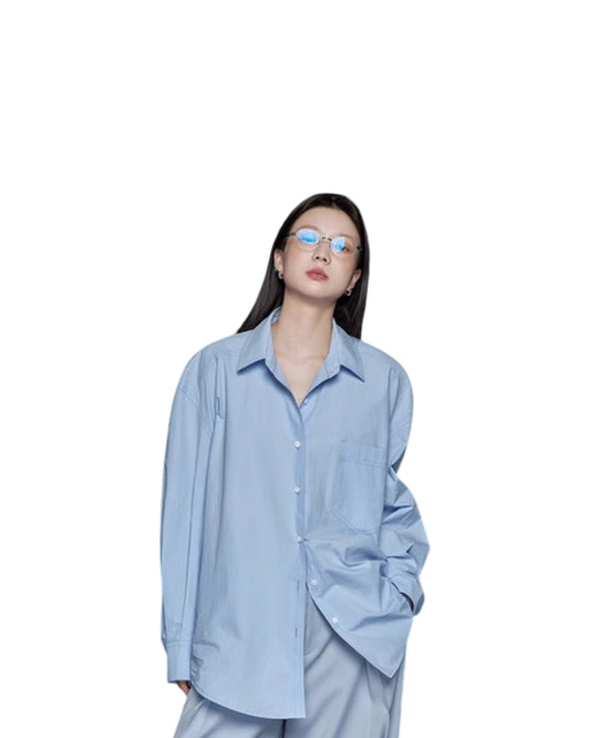 Women's Loose Blue Minimalist Long Sleeve Shirt