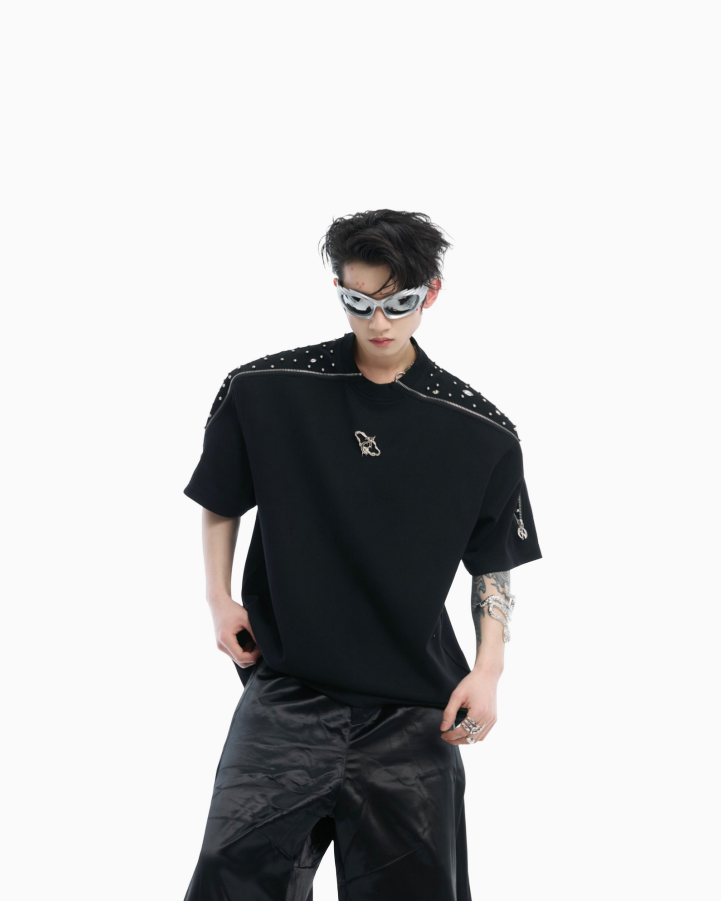 Niche Exquisite Rhinestone Metal Zipper Design Short Sleeve