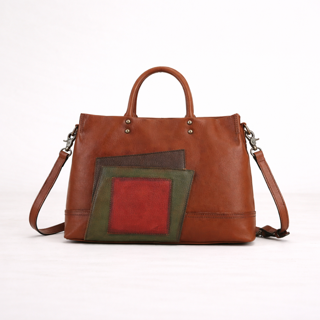 Structured Leather Tote with Layered Patch Detail