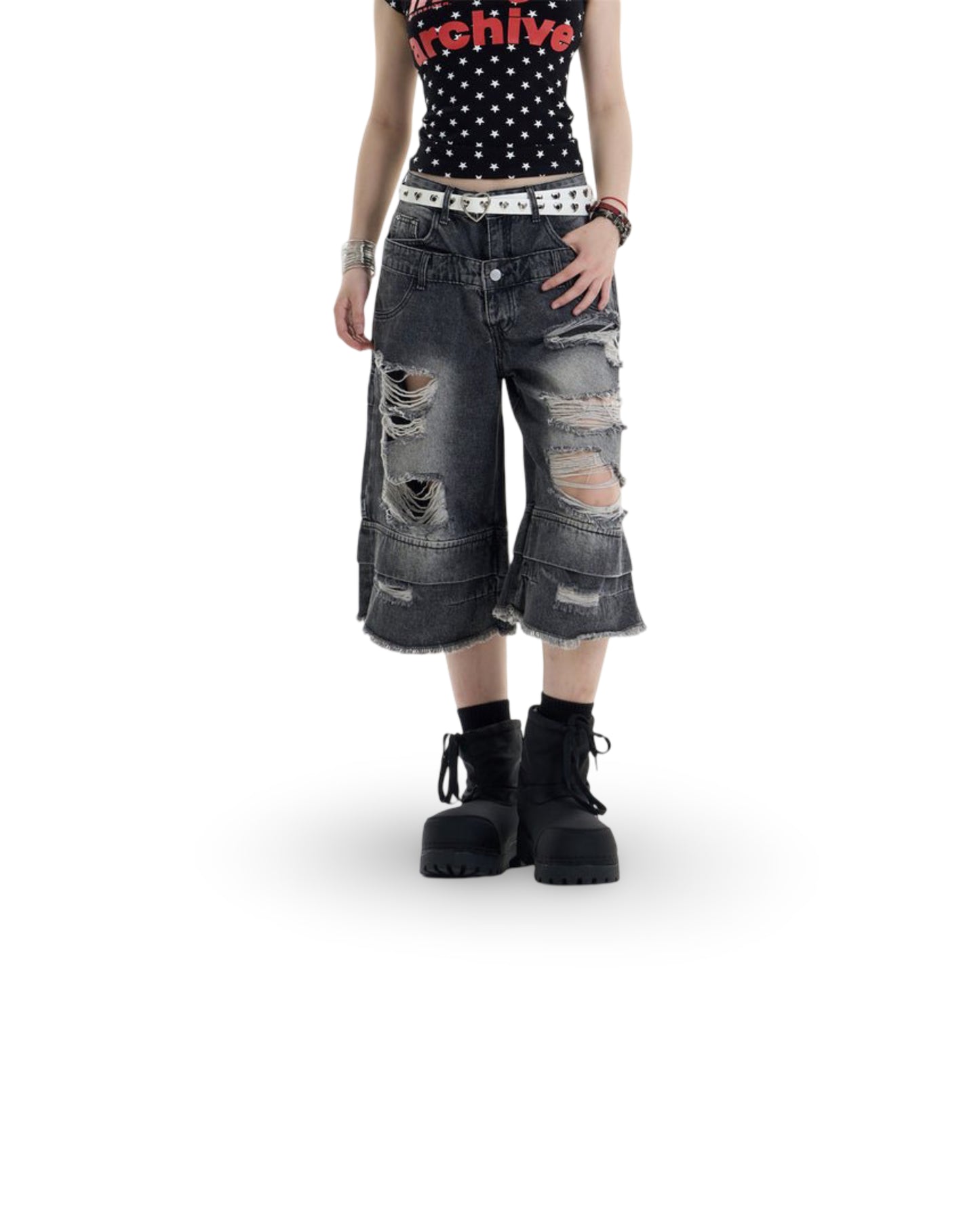 Ripped Denim Cropped Pants Women's Double Waist Loose Shorts