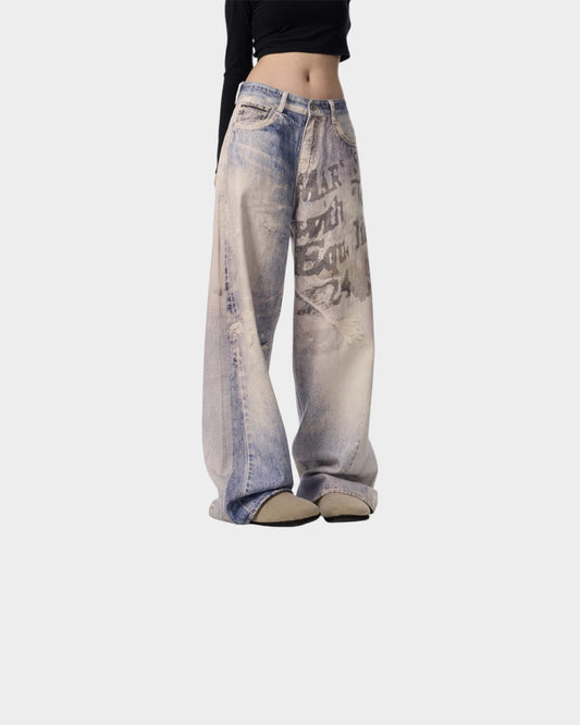 3D Printing Gradient Letter Printed Jeans Long Pants