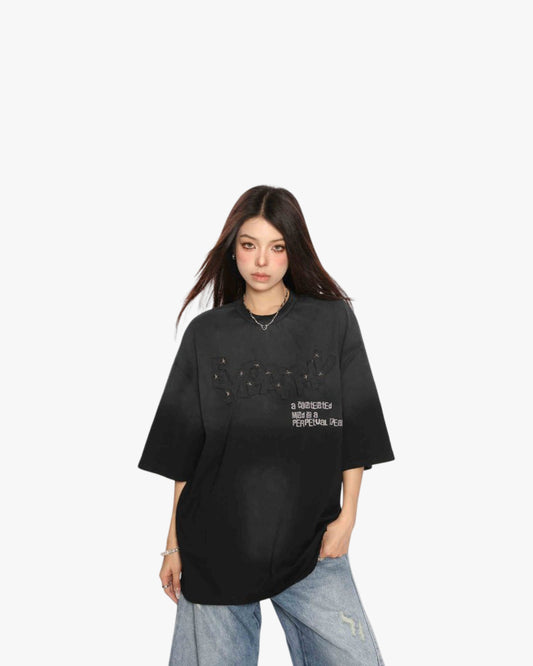 American Retro Distressed Gradient Rivet Letter Short Sleeve