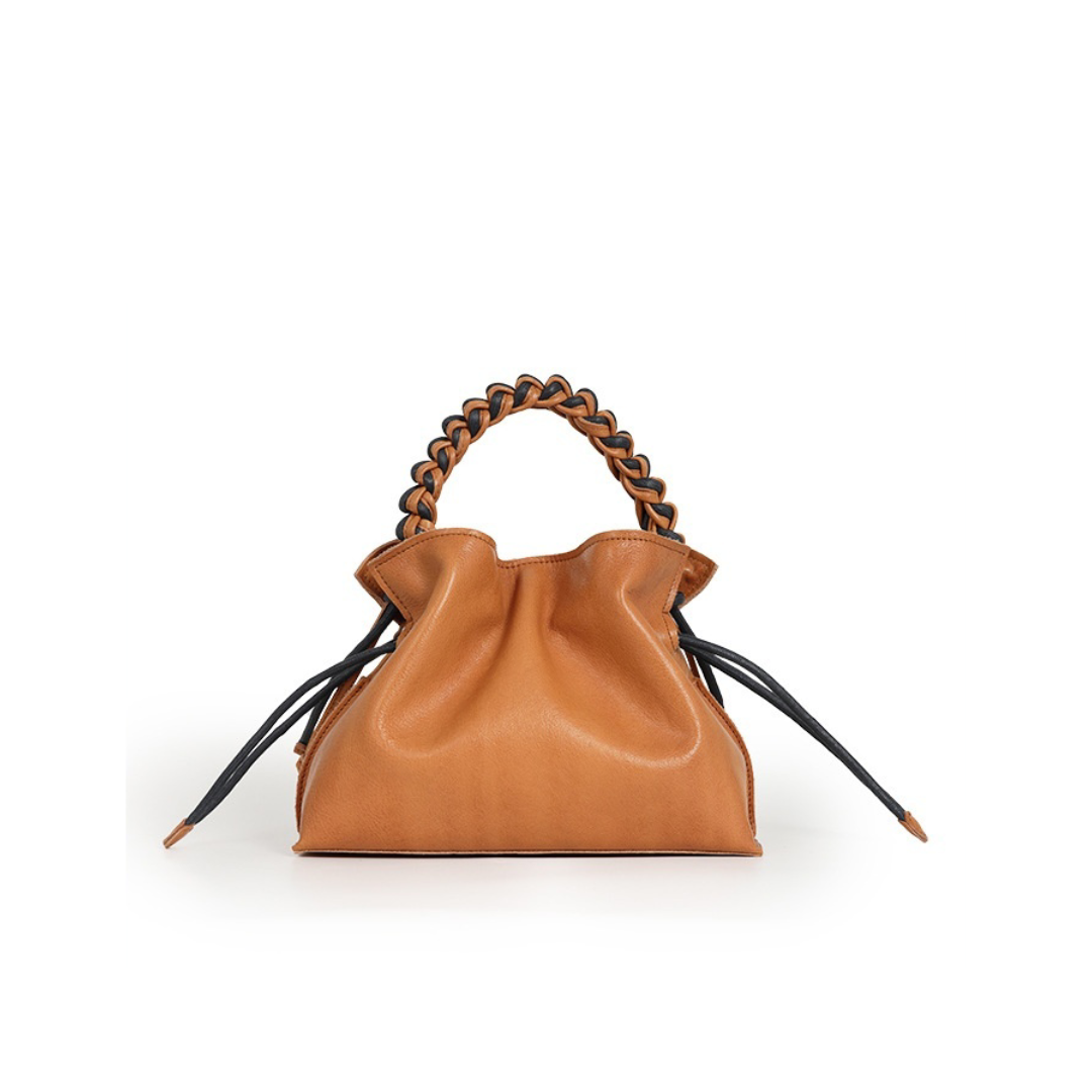 Braided-Handle Drawstring Bag in First-Layer Cowhide Leather