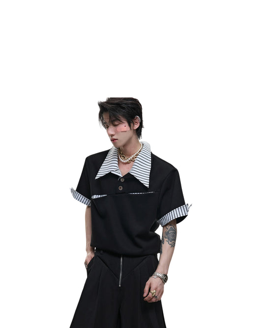 Women's Loose Striped Versatile Fake Two Piece T-shirt Short Sleeved