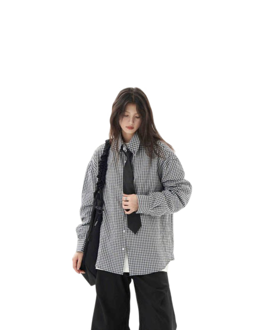 Black Plaid Shirt Long Sleeve Women Casual Loose Shirt Coat