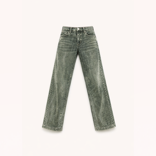 Vintage-Washed Olive Wide-Leg Jeans