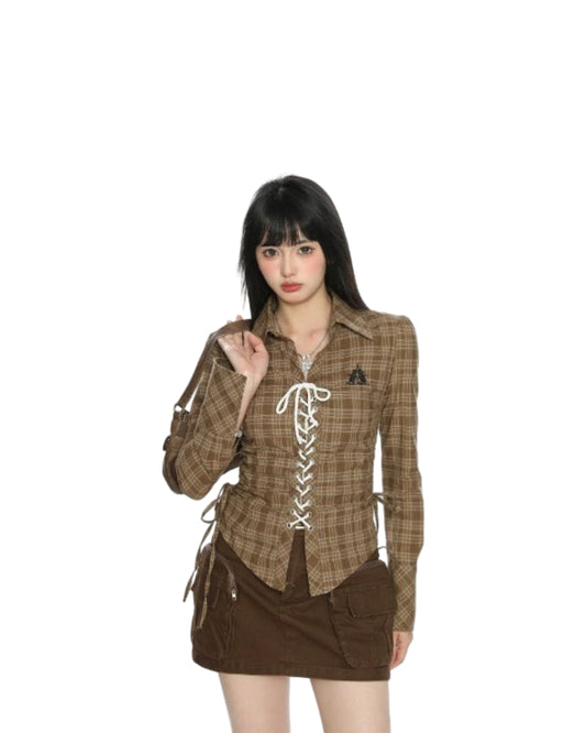 Plaid Cinched Drawstring Lace-up Shirt Women