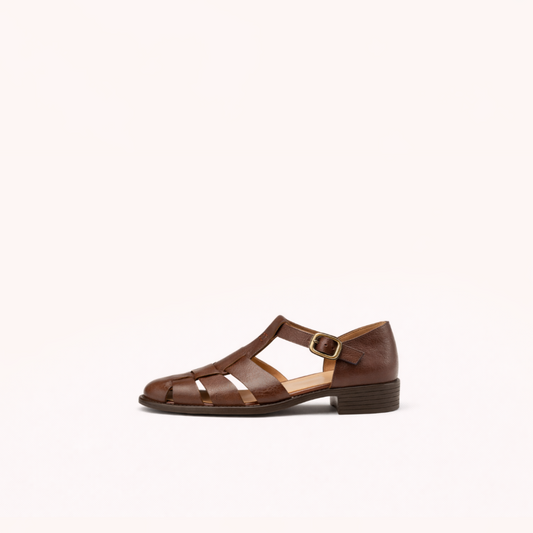 Round Toe Low Heel Leather French Retro Roman Sandals Flat Women's