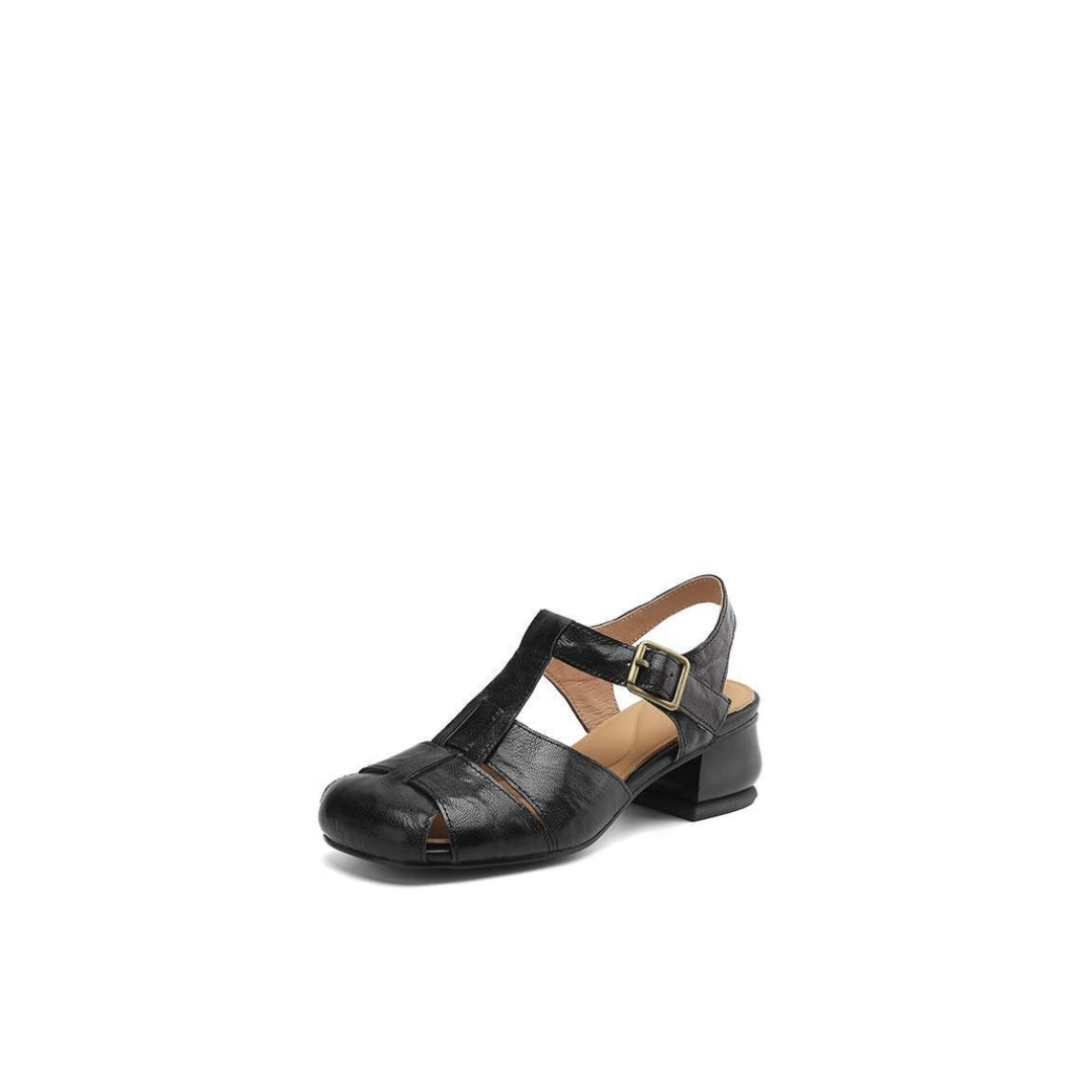 Closed-Toe T-Strap Block Heel – First-Layer Cowhide with Pigskin Insole