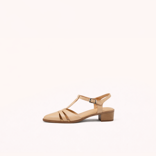 T-Strap Block Heel Shoe – First-Layer Cowhide with Pigskin Insole