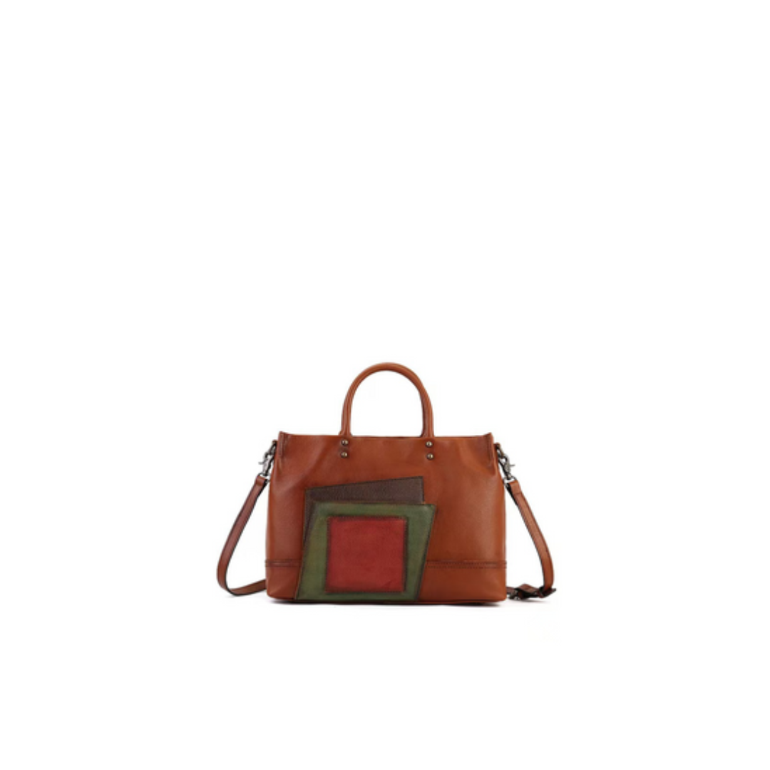 Structured Leather Tote with Layered Patch Detail