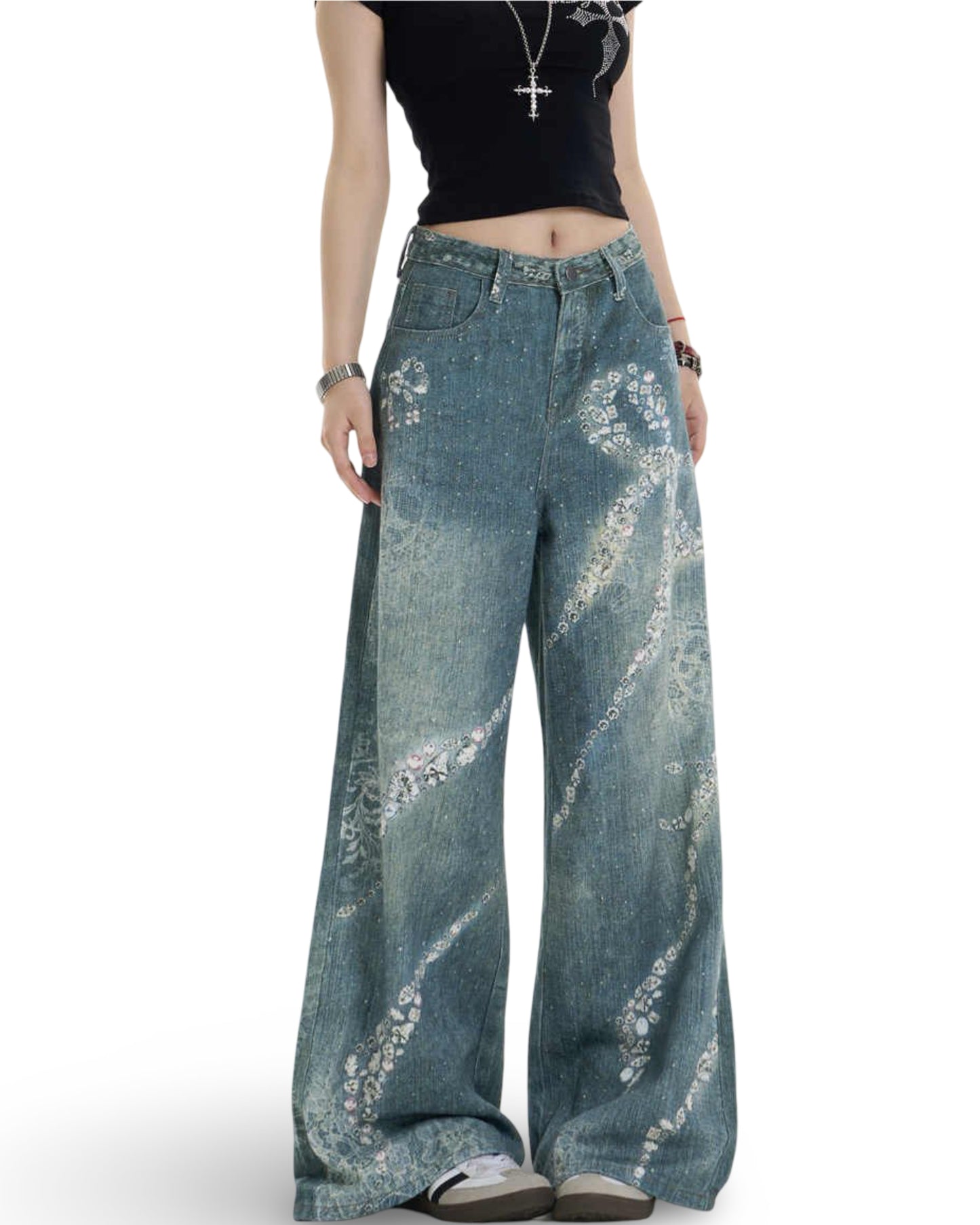Women's Bowknot Printed Jeans Loose Wide-leg Pants