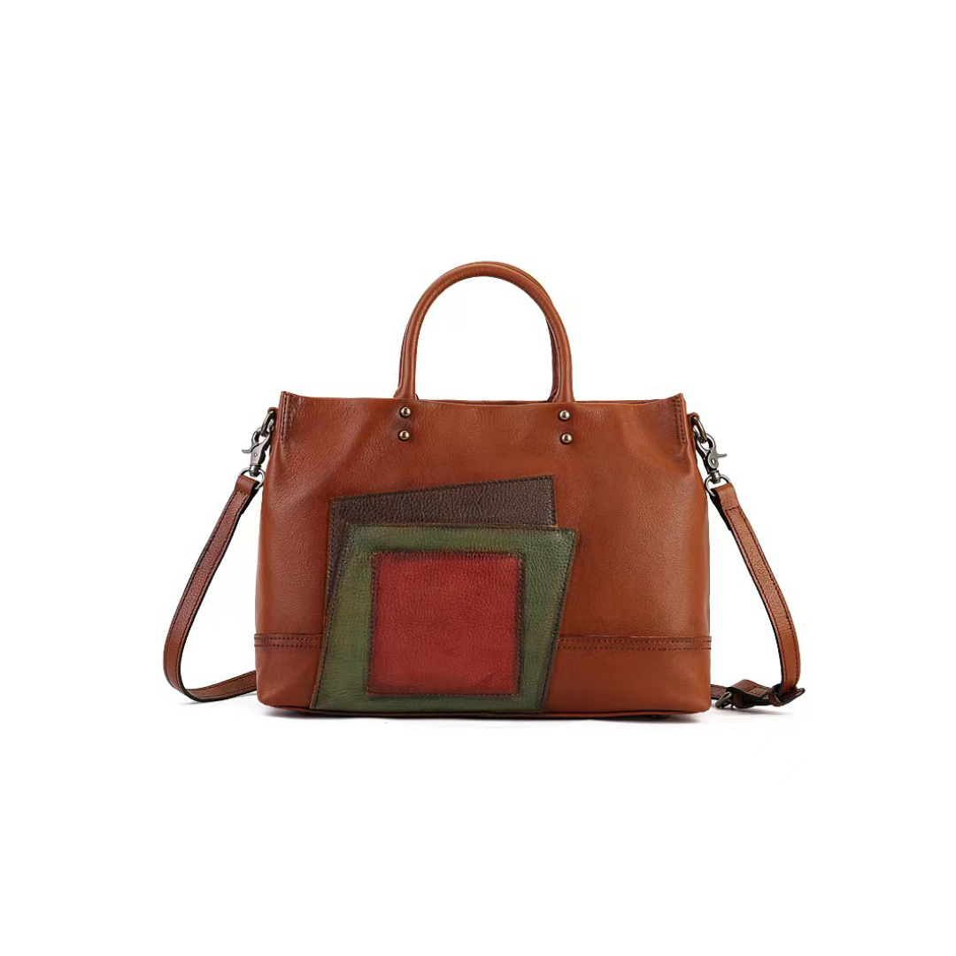 Structured Leather Tote with Layered Patch Detail