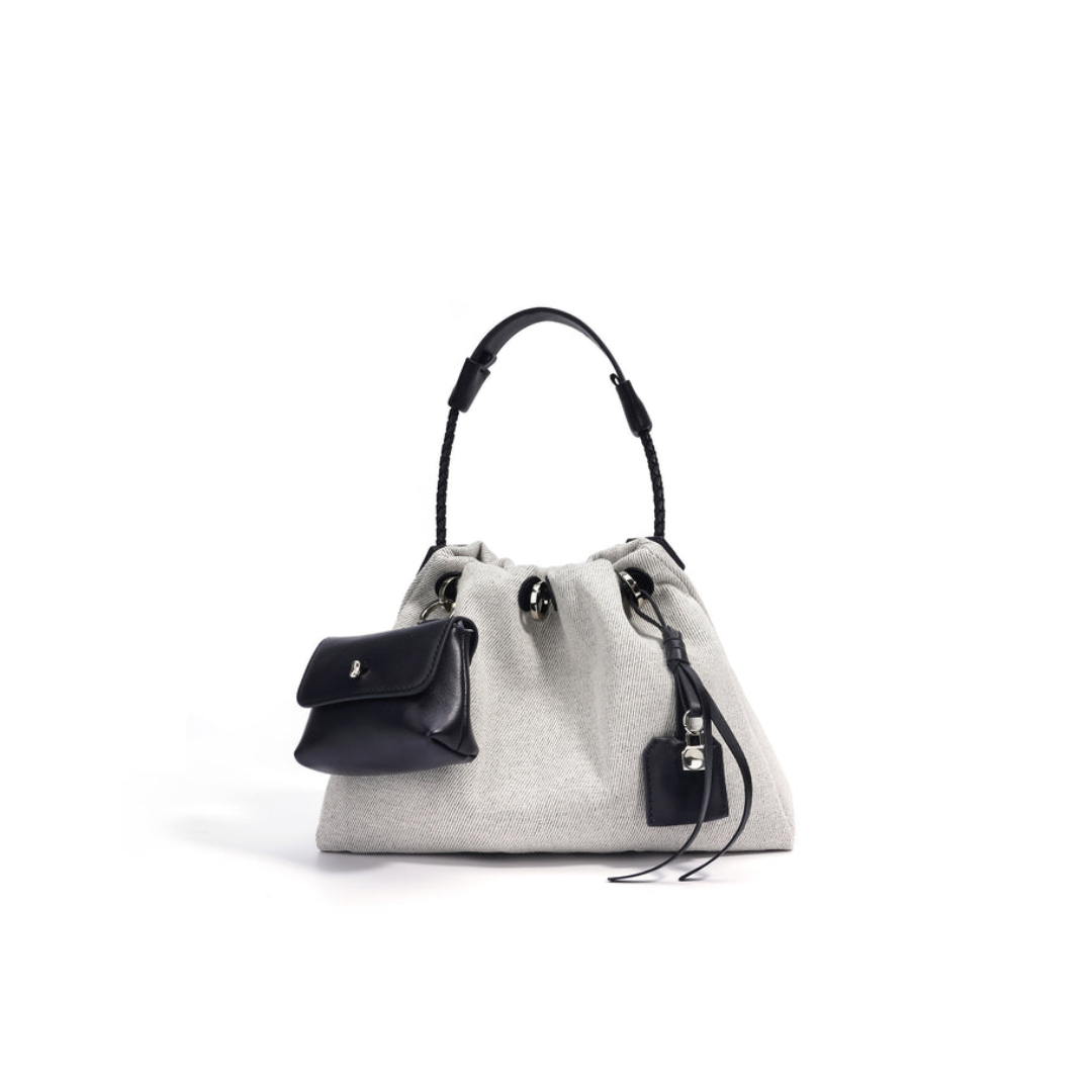 Canvas Drawstring Bucket Bag with First-Layer Cowhide Trim —