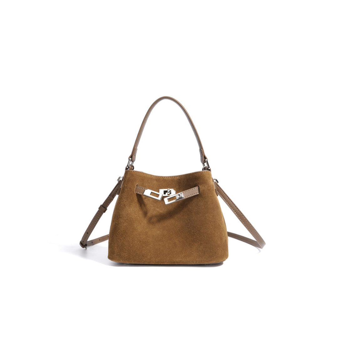 Structured Suede Bucket Bag in First-Layer Cowhide Leather