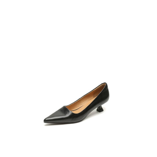 Black Pointed Leather Pump with Sculpted Low Heel