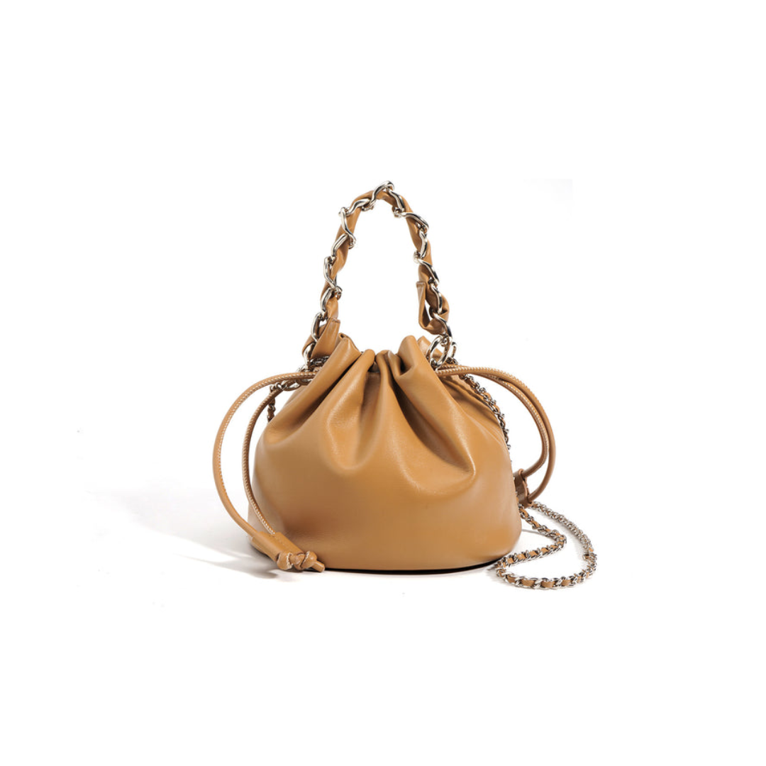 Chain-Handle Drawstring Bag — First-Layer Cowhide Leather