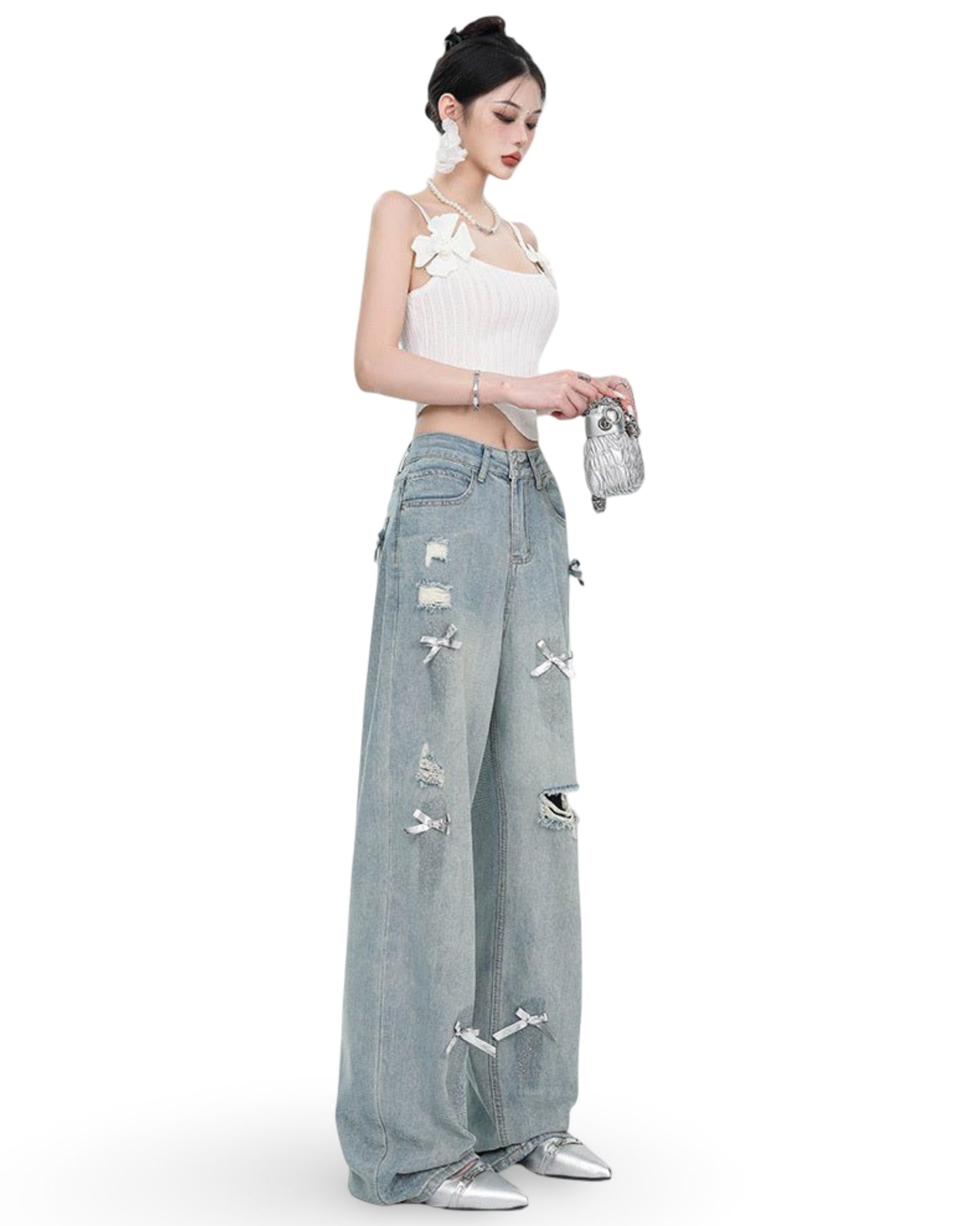 Women's Bow Wide Leg Retro Ripped Straight Jeans