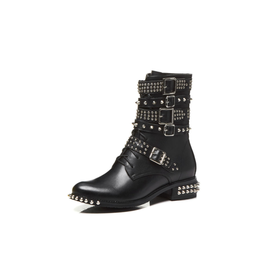 Studded Cowhide Leather Buckle Ankle Boots