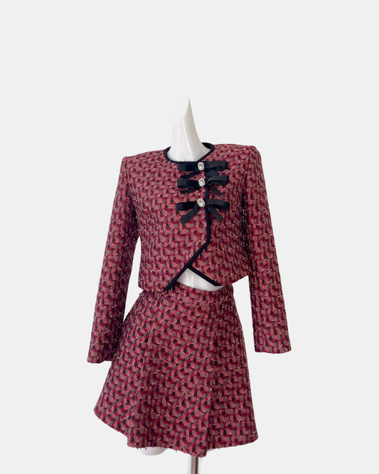 Red Tweed Long Sleeve Top Coat With Short Skirt